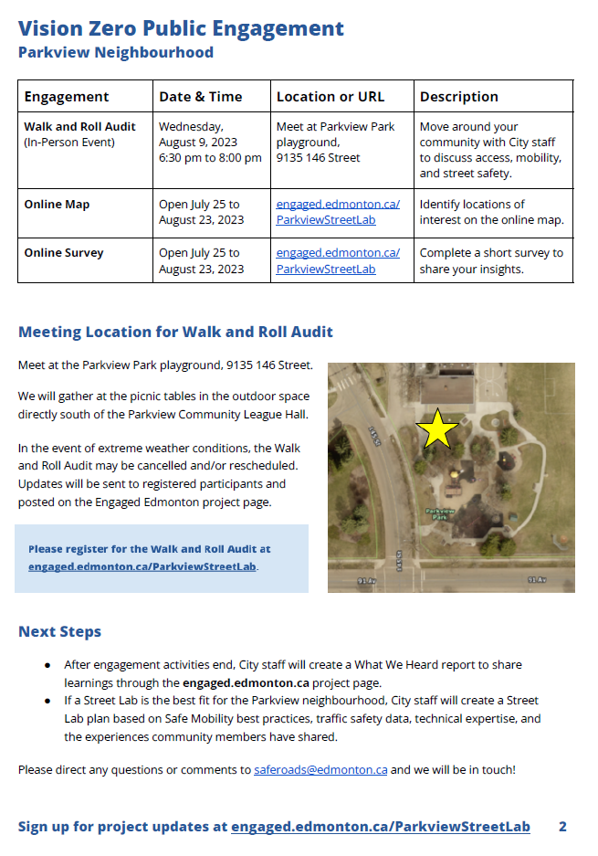 Vision Zero Street Lab in Parkview Parkview Community League